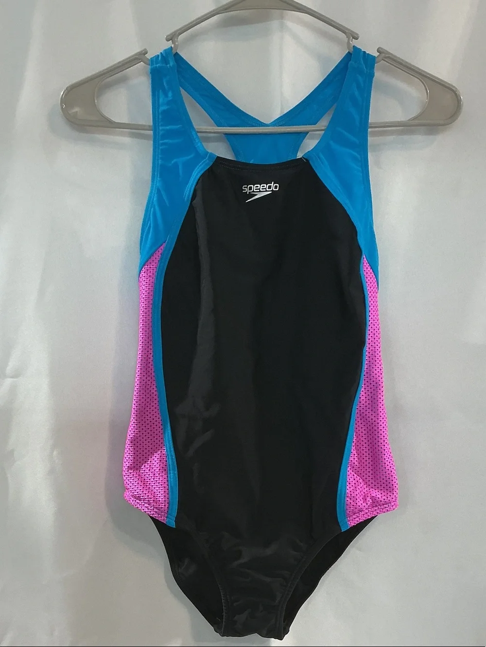 Speedo Black One-Piece with Blue Straps and Pink Side Panels